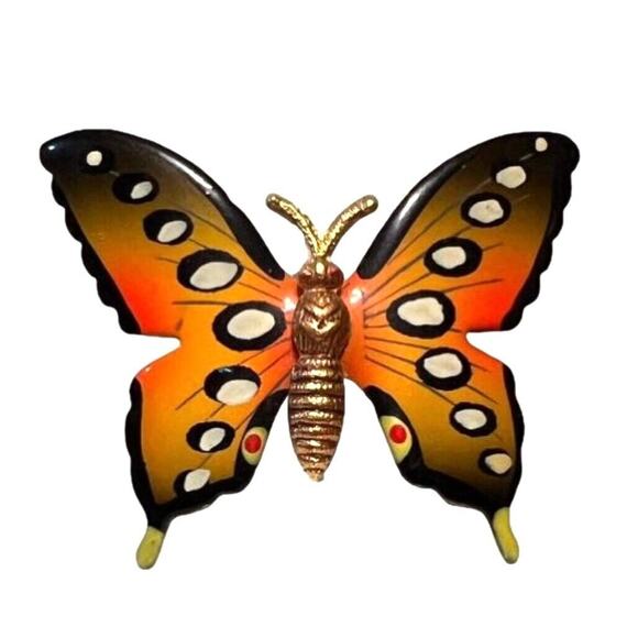 Vintage Butterfly Brooch Pin Vibrant Orange Black Gold Hand Painted - Picture 1 of 13